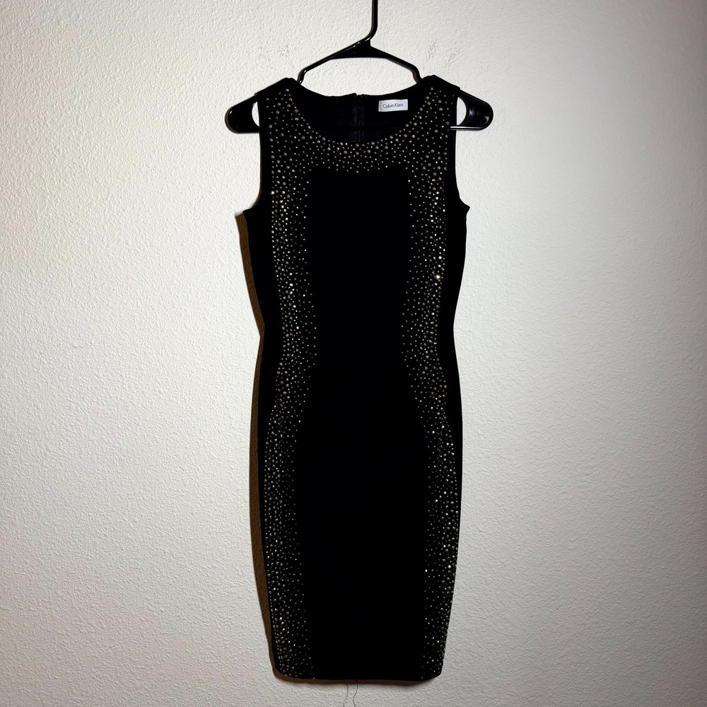 Calvin Klein Studded Sheath Dress Womens Black Round Neck Sleeveless Back Zip
